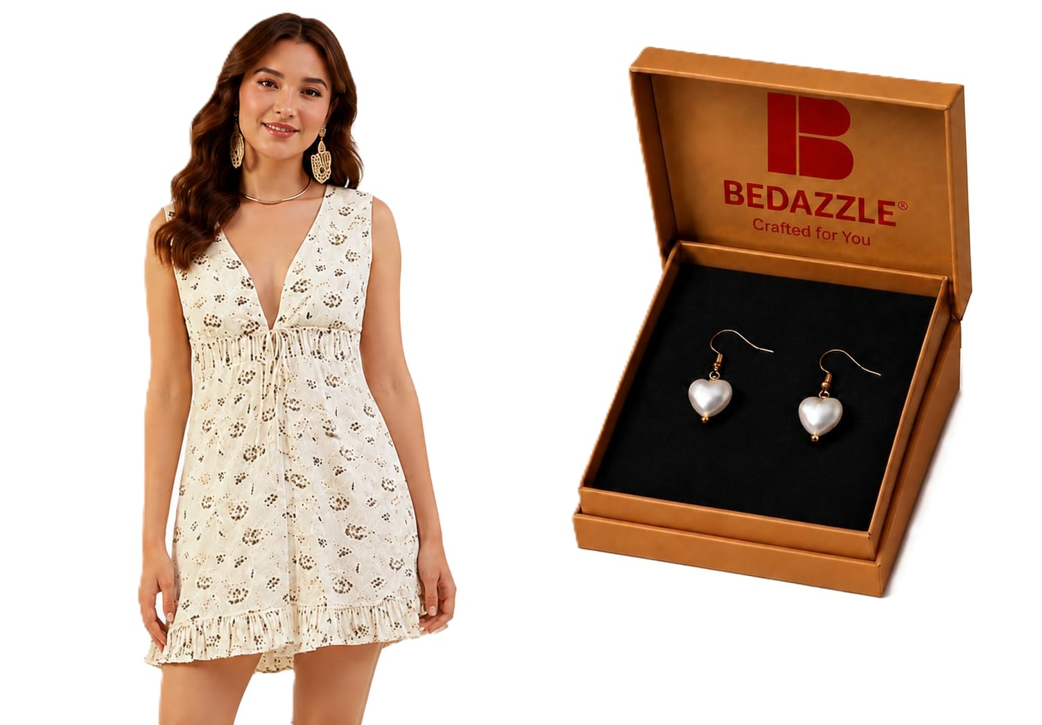 bedazzle Women’s Printed V-Neck Sleeveless Ruffle Hem Mini jumpsuit with Tie Waist & Pearl Heart Drop Earrings with Gold-Tone-picture-6