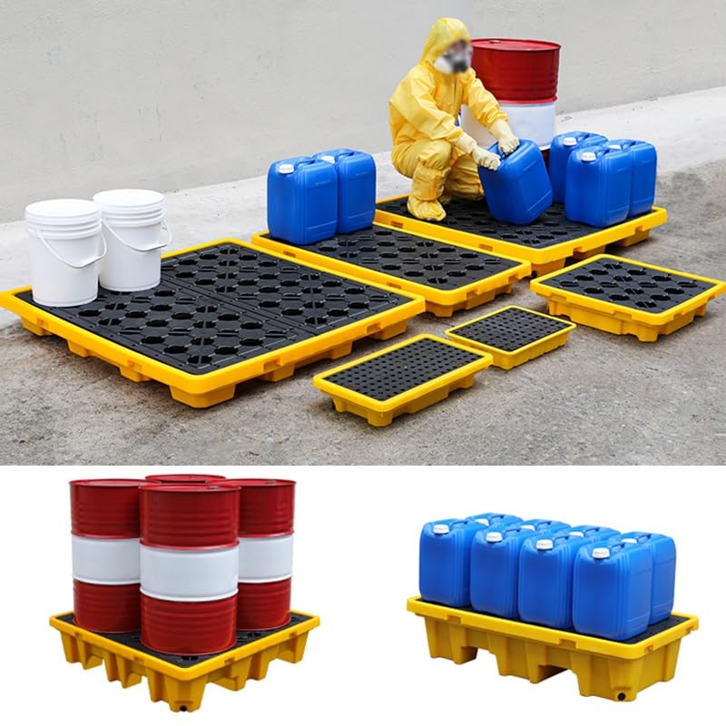 PFCDZDU Drum Containment Spill Pallet, Industrial Stackable Oil Drum/Paint Bucket Storage Tray with Drain, Detachable Modular Shipping Platform for Garage Storage(Yellow-2pcs,130x68x15cm-A)