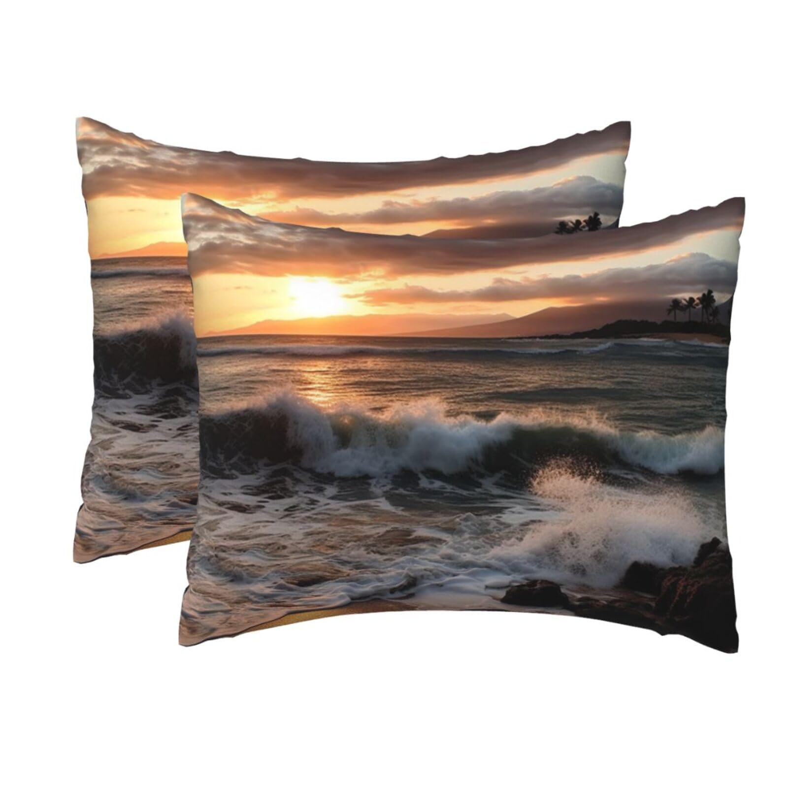 2 Pack Standard Pillow Cases with Hidden Zipper, Soft Breathable Pillow Covers for Hair and Skin, Beach Sunset Sea Waves Pillowcases 20"x26" Bed Pillow Protectors Cover for Sleeping Gifts