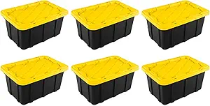 Sterilite 17 Gal Industrial Tote, Stackable Storage Bin with Snap-Fit Lid for Garage, Basement & Attic Storage, Black Base and Yellow Lily Lid, 6-Pack