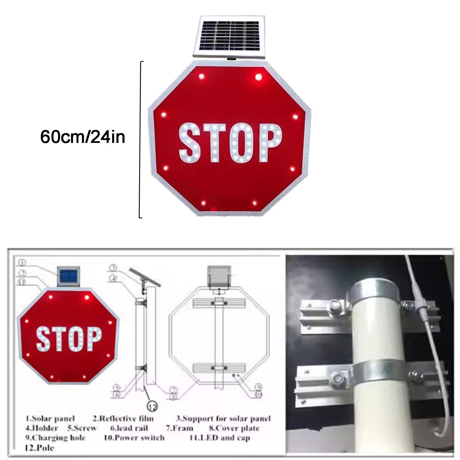 60 cm tabliczka ostrzegawcza o ruchu drogowym z zasilaniem słonecznym – zasilana energią słoneczną, migająca, odblaskowa tabliczka ostrzegawcza LED (60 cm)