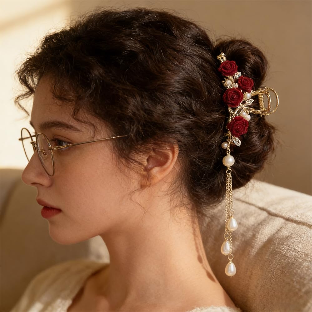 1Pc Large Floral Rose Hair Claw Clip for Women, Rose Shaped Metal Barrettes with Beaded Tassel, Strong Grip Hair Clamps for Thick Hair, Vintage Hair