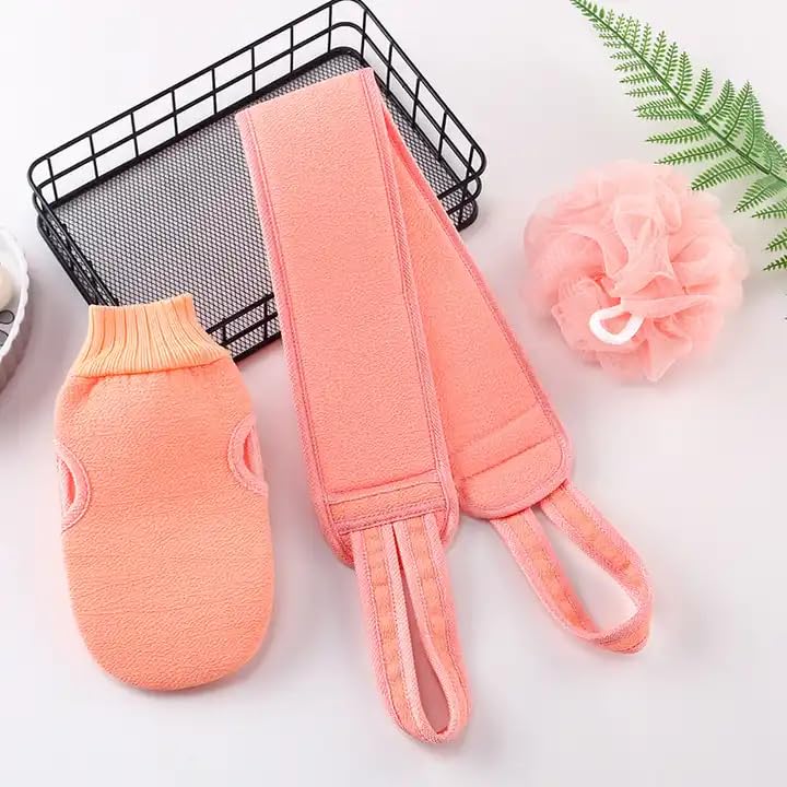 Luxula 3 Pcs Bath Sponge Set for Shower Exfoliating Glove Mesh Puff Loofah Long Back Scrubber Bath Gift Set for Adults (1 Set) (Orange)
