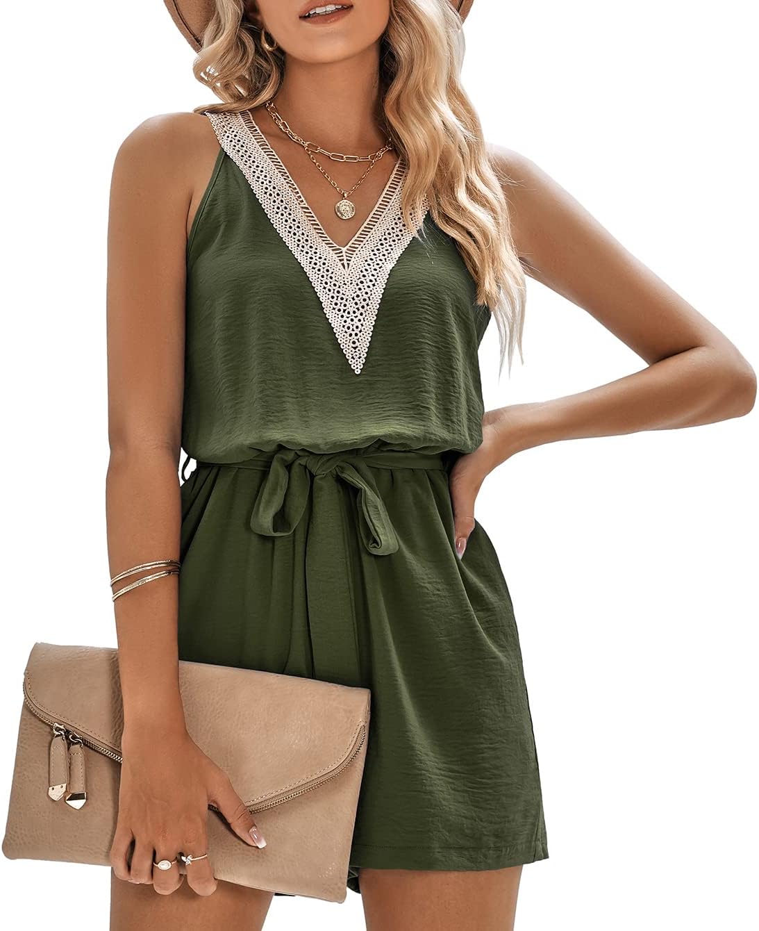 ZINQATUN Women’s Summer Sexy V Neck Waist Tie Sleeveless Casual Short Jumpsuit Romper with Pockets