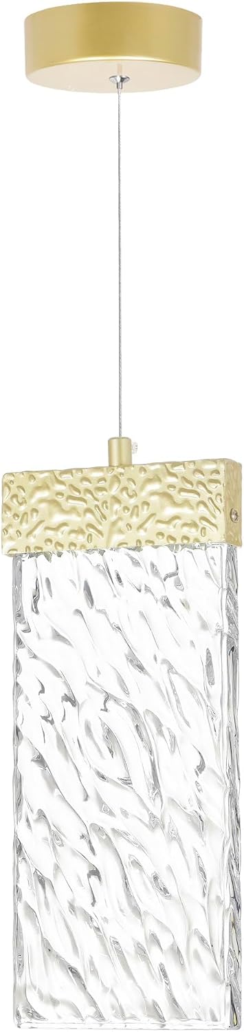 Pemberly Row Modern Metal LED Pendant Light, Gold Leaf Finish, Rectangular Clear Textured Glass Panel, Compact 13 in Design, Includes LED Bulb, Indoor Lighting for Small Rooms or Tight Spaces