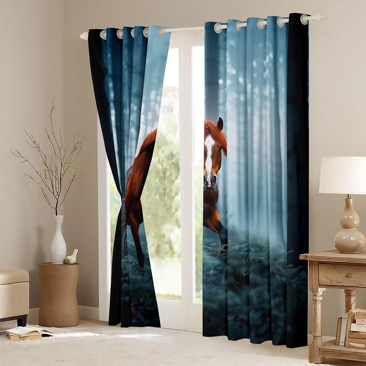 Loussiesd Blue Brown Horse - Trattamenti per finestre, 2 pannelli W46*L54