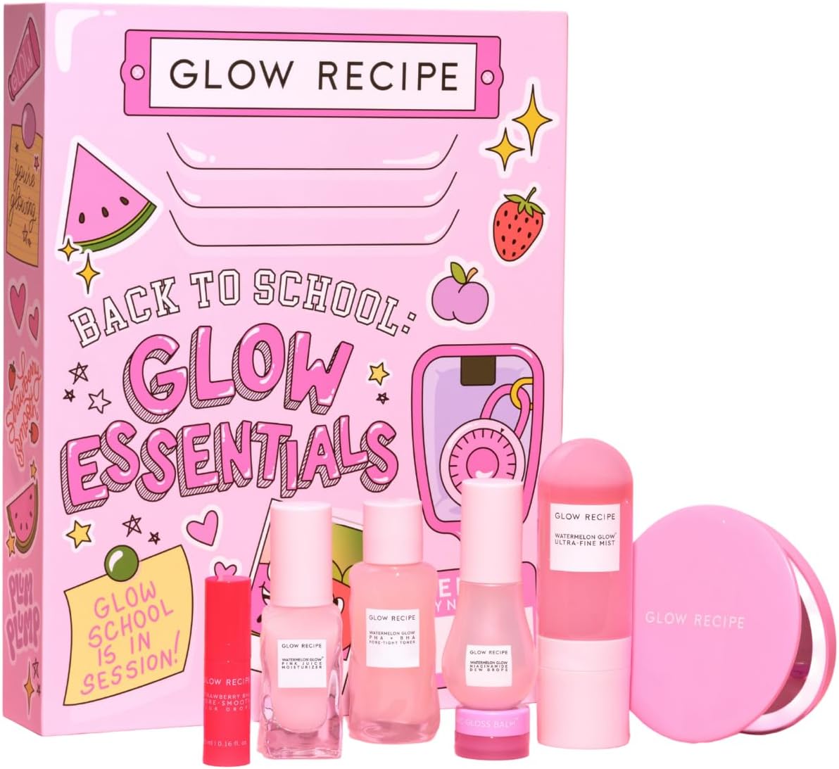 Glow Recipe Back to School Essentials Korean Skin Care Set – Watermelon Fine Mist, Dew Drops, PHA Facial Toner, Pink Juice Moisturizer, Strawberry Blur Drops, Glossy Balm & Compact Mirror (7 Count)