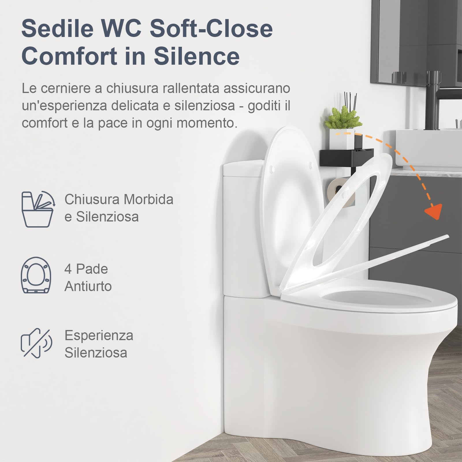 SURFOU Tavoletta WC con Chiusura Ammortizzata, Duroplast di Alta Qualità, Forma a O, Sgancio Rapido per Facile Pulizia, Supporta fino a 200 kg, con Gancetti in Gomma per Fissaggio Stabile