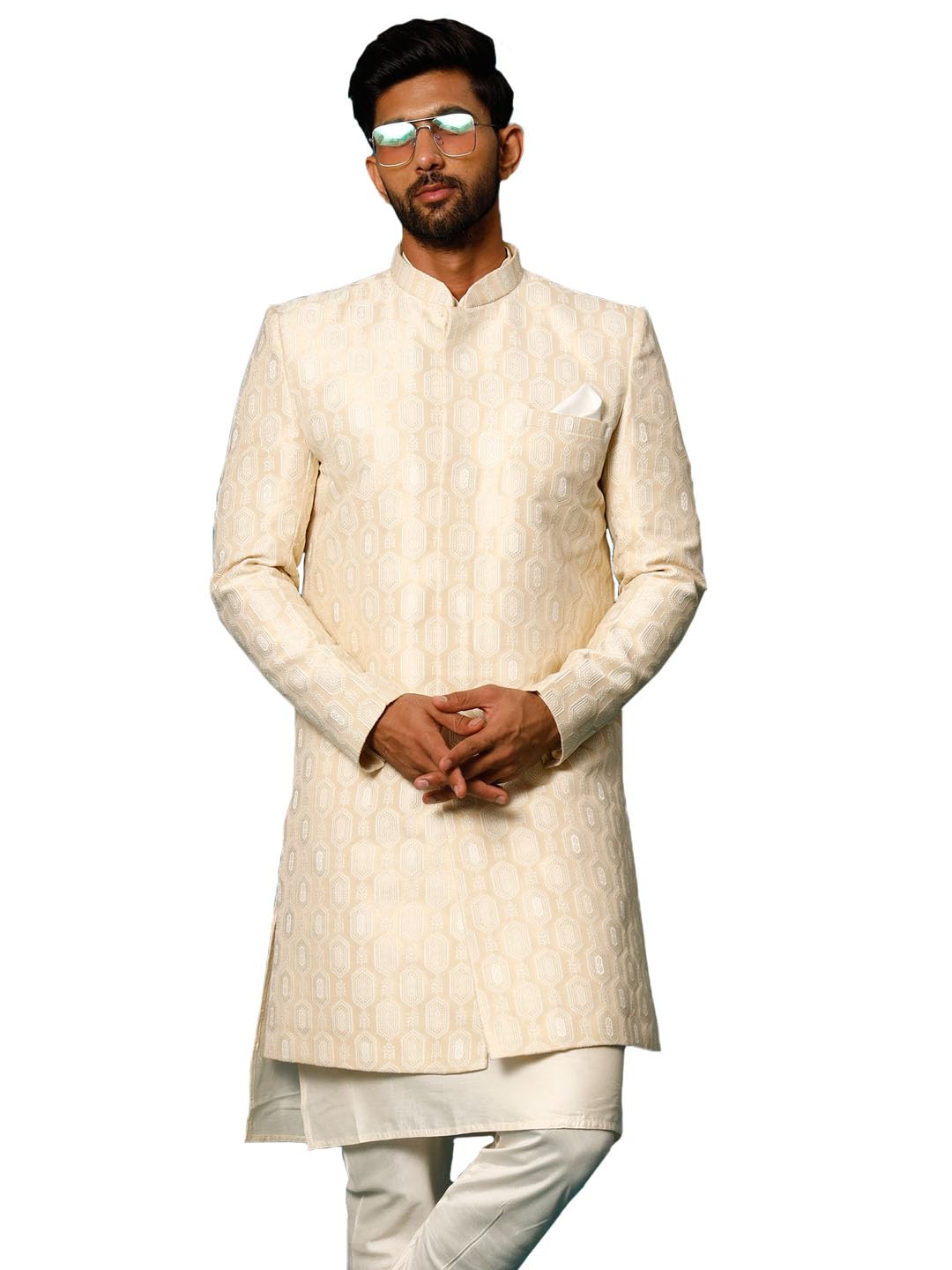 vastramay Men's Beige Silk Blend Sherwani Only Top-picture-50