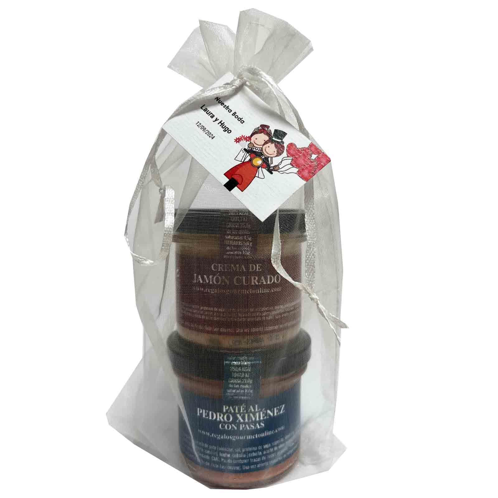 Detalle gourmet con dos tarros de paté 24 pack (crema de jamón curado y paté ibérico al Pedro Ximenez con pasas) de Deliex en bolsa de organza para bodas, comuniones o bautizos