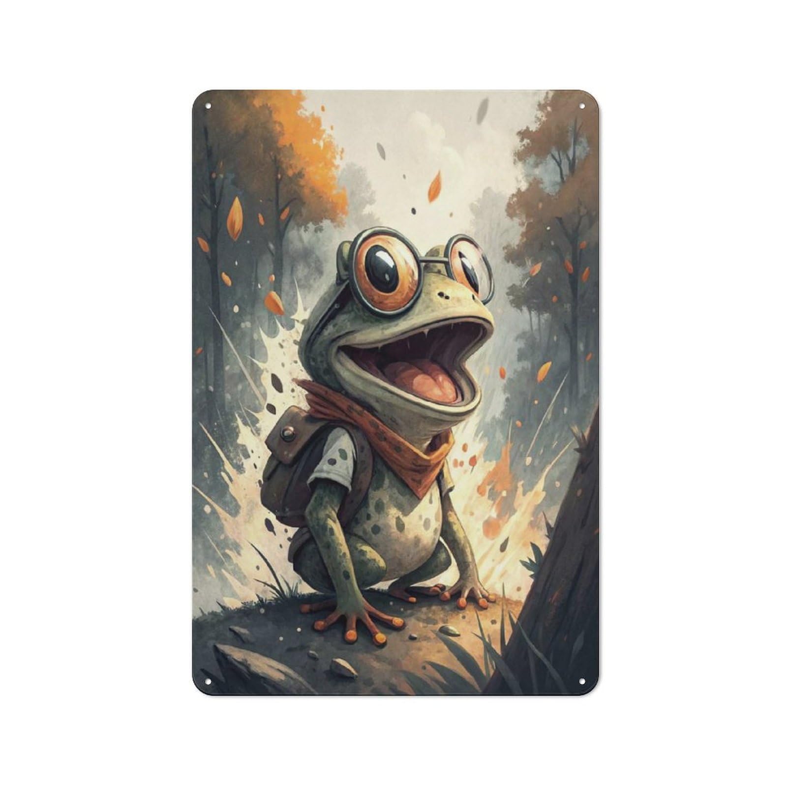 Junmoney Style-12 Tin Wall Plaque 30X20cm With Cartoon Frog With Backpack And Glasses For Hobby Room Or Studio, For Themed Interiors In Hobby Rooms And Studios