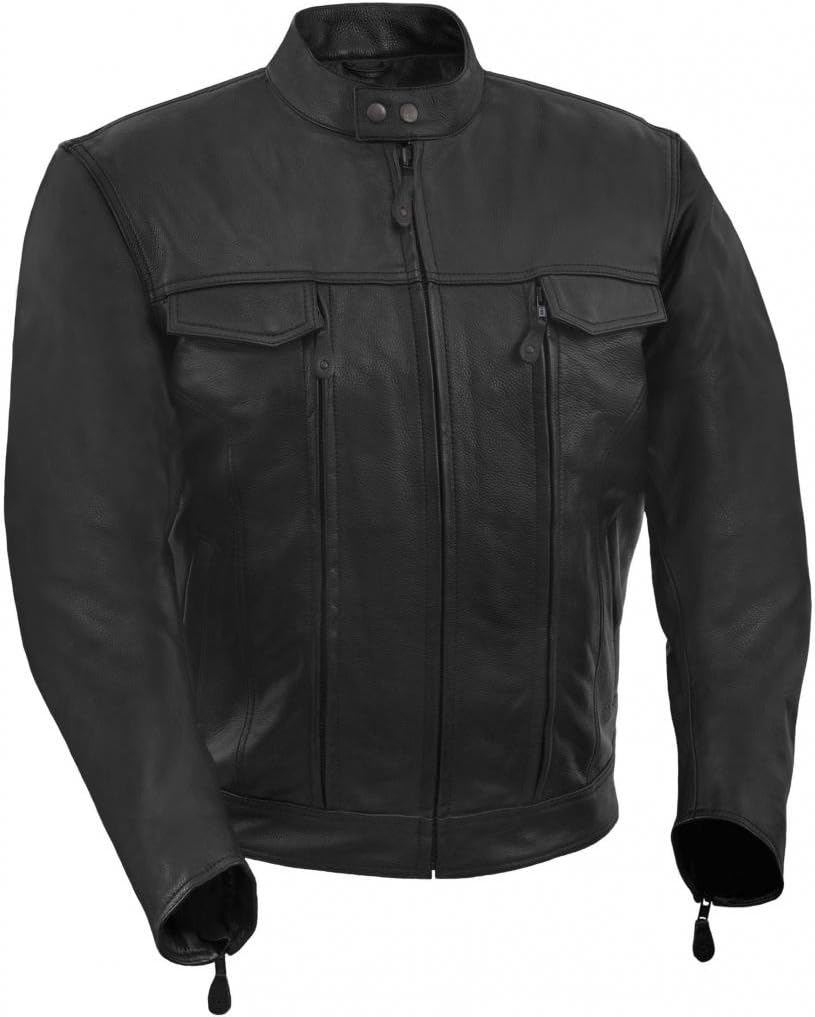 True Element Mens Vented Scooter Collar Leather Motorcycle Jacket with 2 Utility Storage Pockets (Black, Sizes S-5XL)