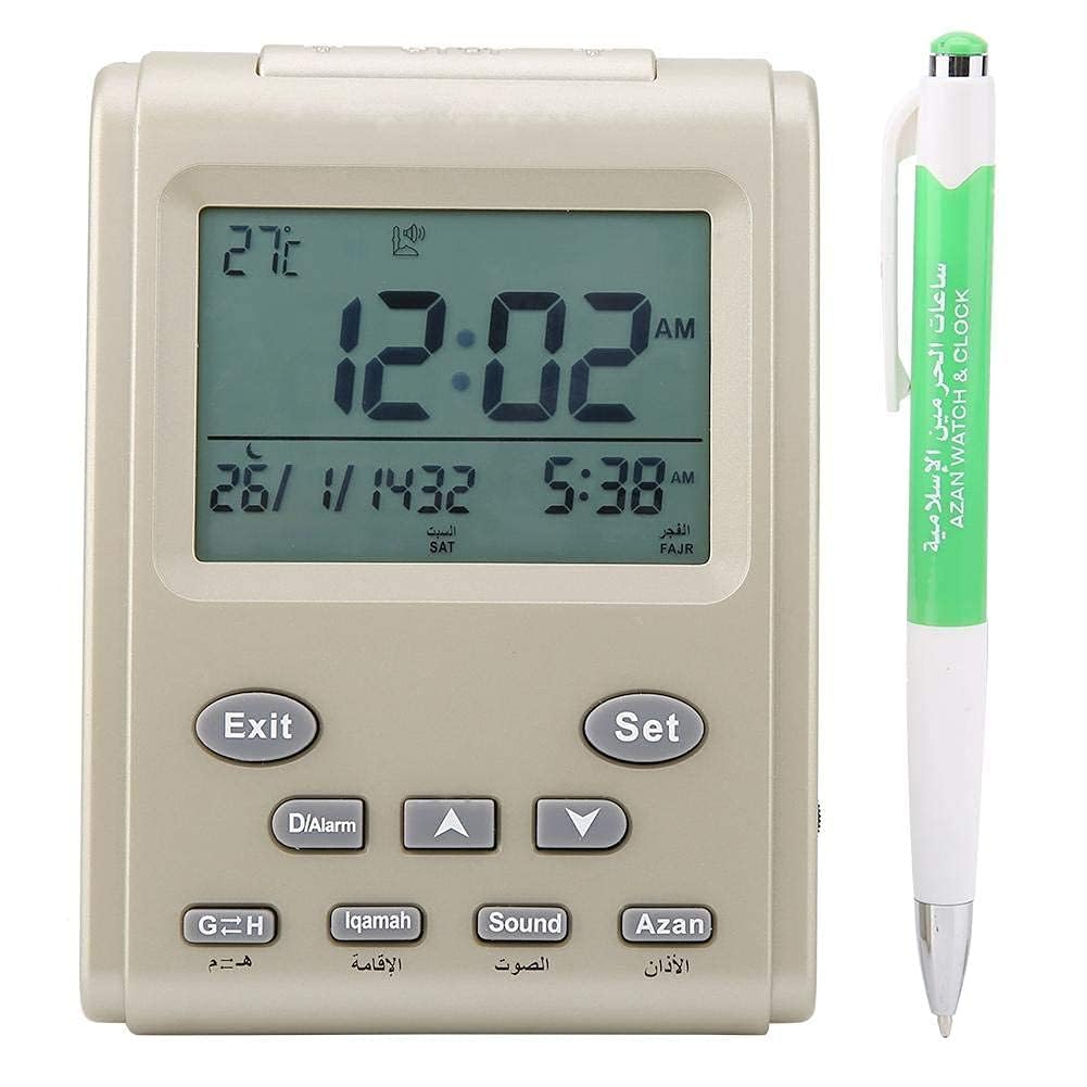 Pssopp Islamic Azan Prayer Clock Digital Backlit LCD Table Clock - Azan Alarm with Time Date Week Gregorian Calendar Display Pray Time Reminder