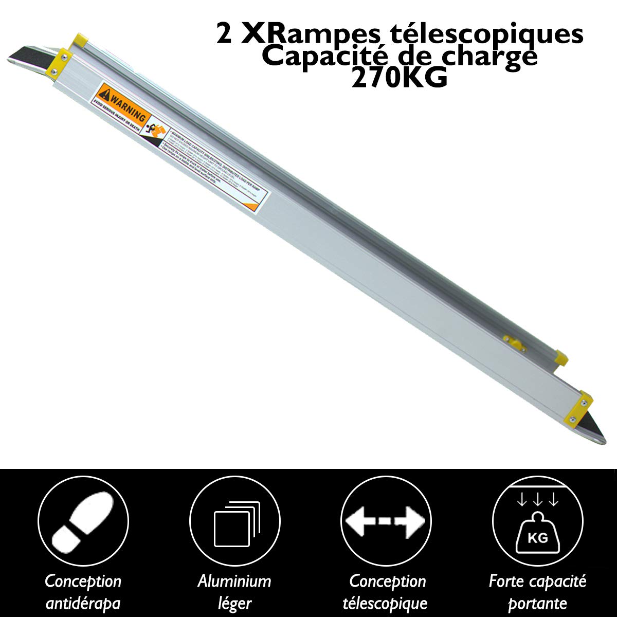 COSTWAY Lot de 2 Rampe Fauteuil Roulant Rampe Télescopique Anti-dérapant en Aluminium avec Longueur Ajustable 3 Niveaux 121,5/183/212,5CM et Charge Maximale 270KG