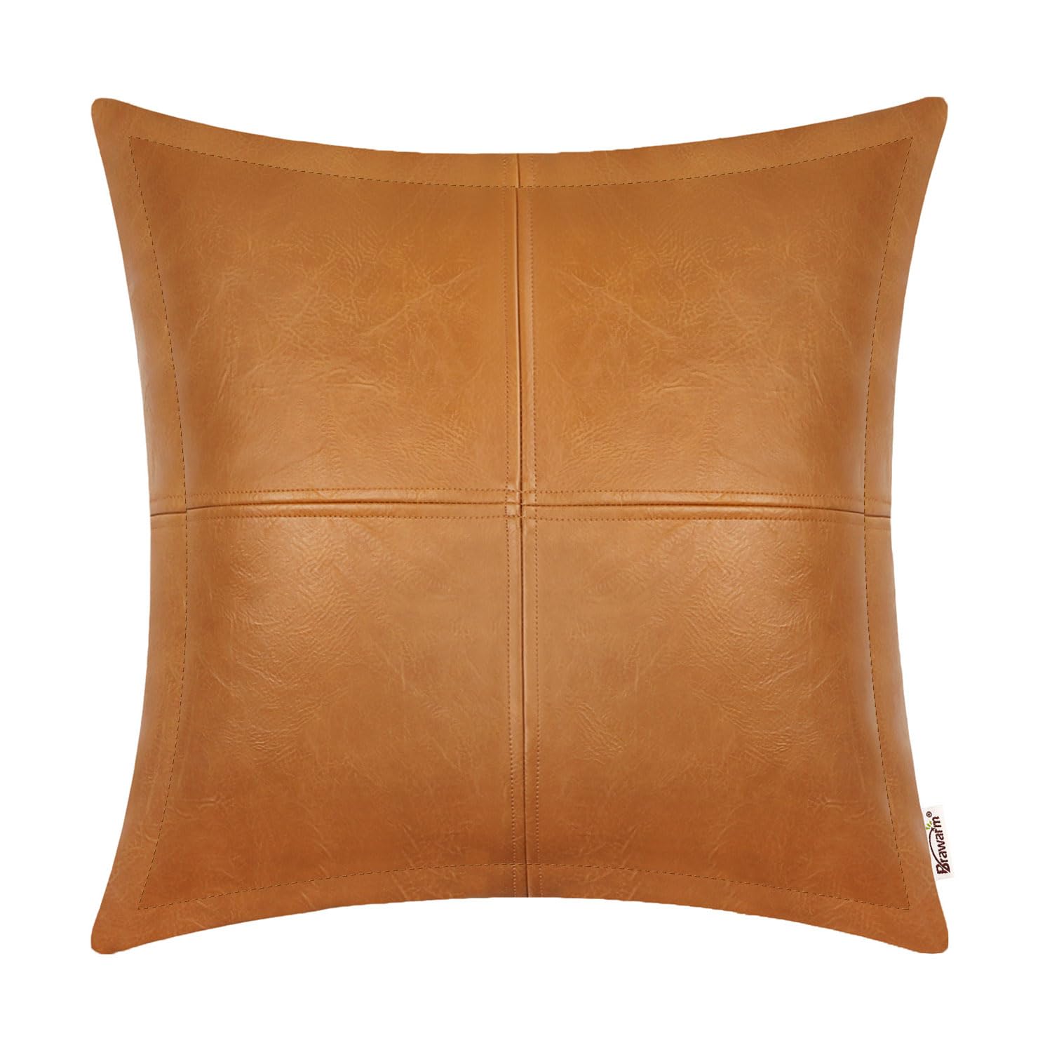 BRAWARM Tan Leather Throw Pillow 20 X 20 Inches, Faux Leather Pillow Cover with Piping, Hand Stitched Leather Decorative Throw Pillow Covers for Couch Sofa Bed Living Room Garden