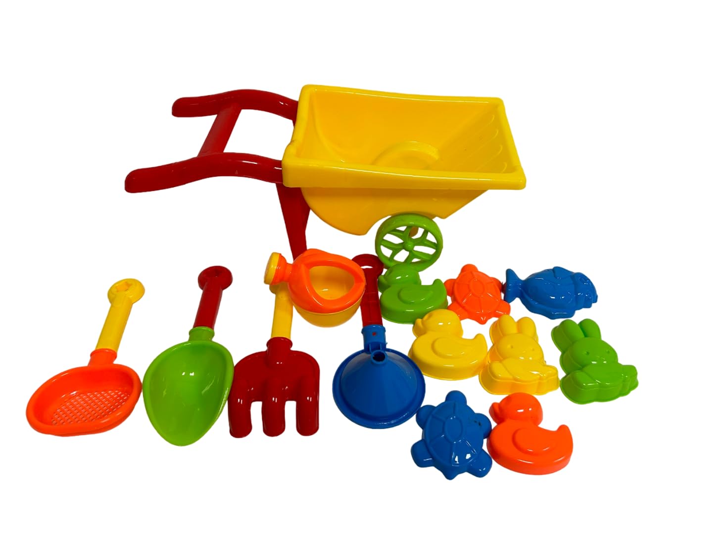 Carretilla de juguete con juego de playa, para niños, con pala, rastrillo, embudo, tamiz, regadera y 8 moldes para la playa, para niños pequeños, carretilla de playa de plástico, juego de verano y