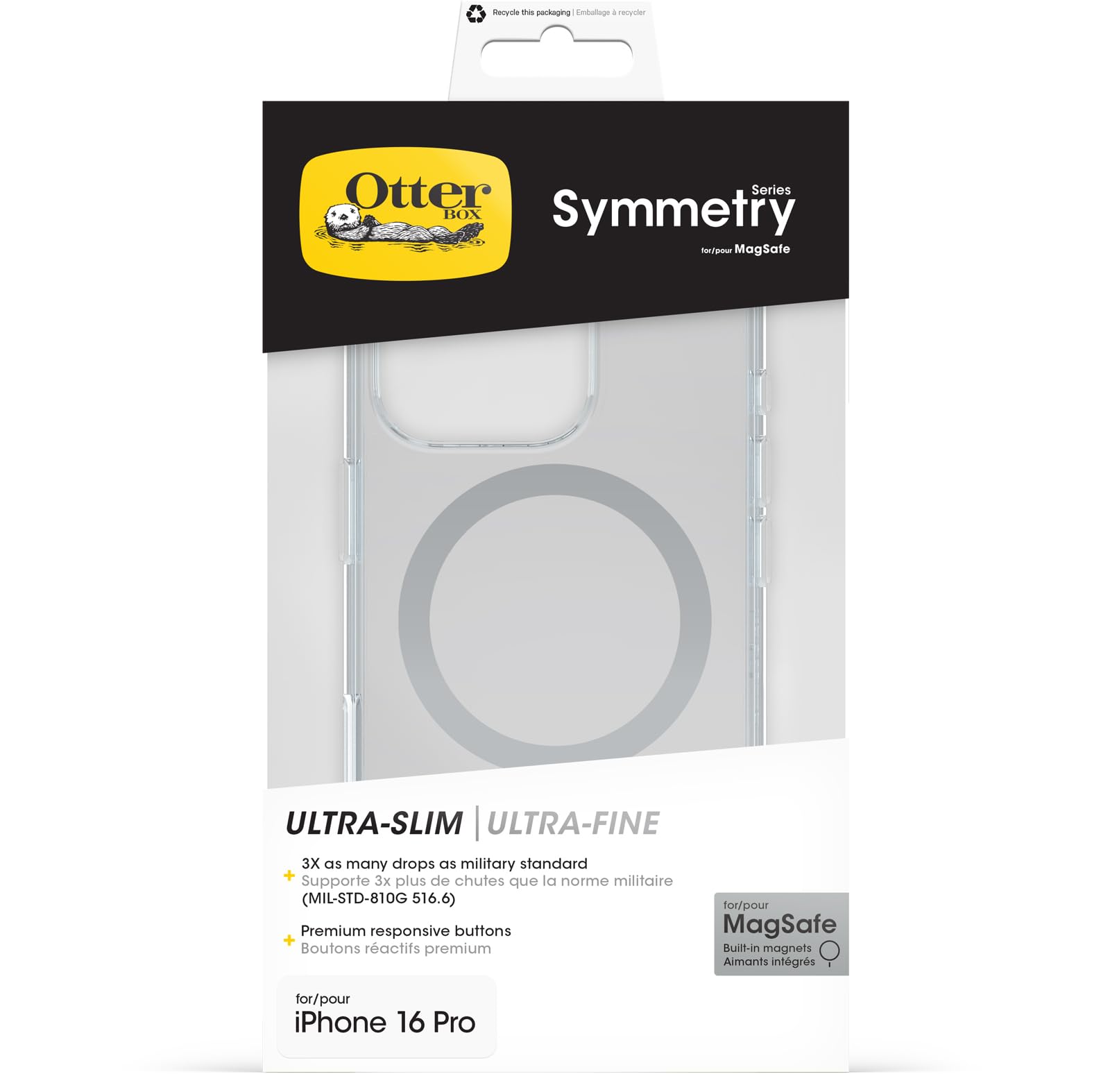 OtterBox Etui Symmetry Series Clear MagSafe do iPhone 16 Pro, Przezroczyste, Wstrząsoodporny, Potrójnie Testowany Zgodnie ze Standardami Wojskowymi, Przezraoczyste
