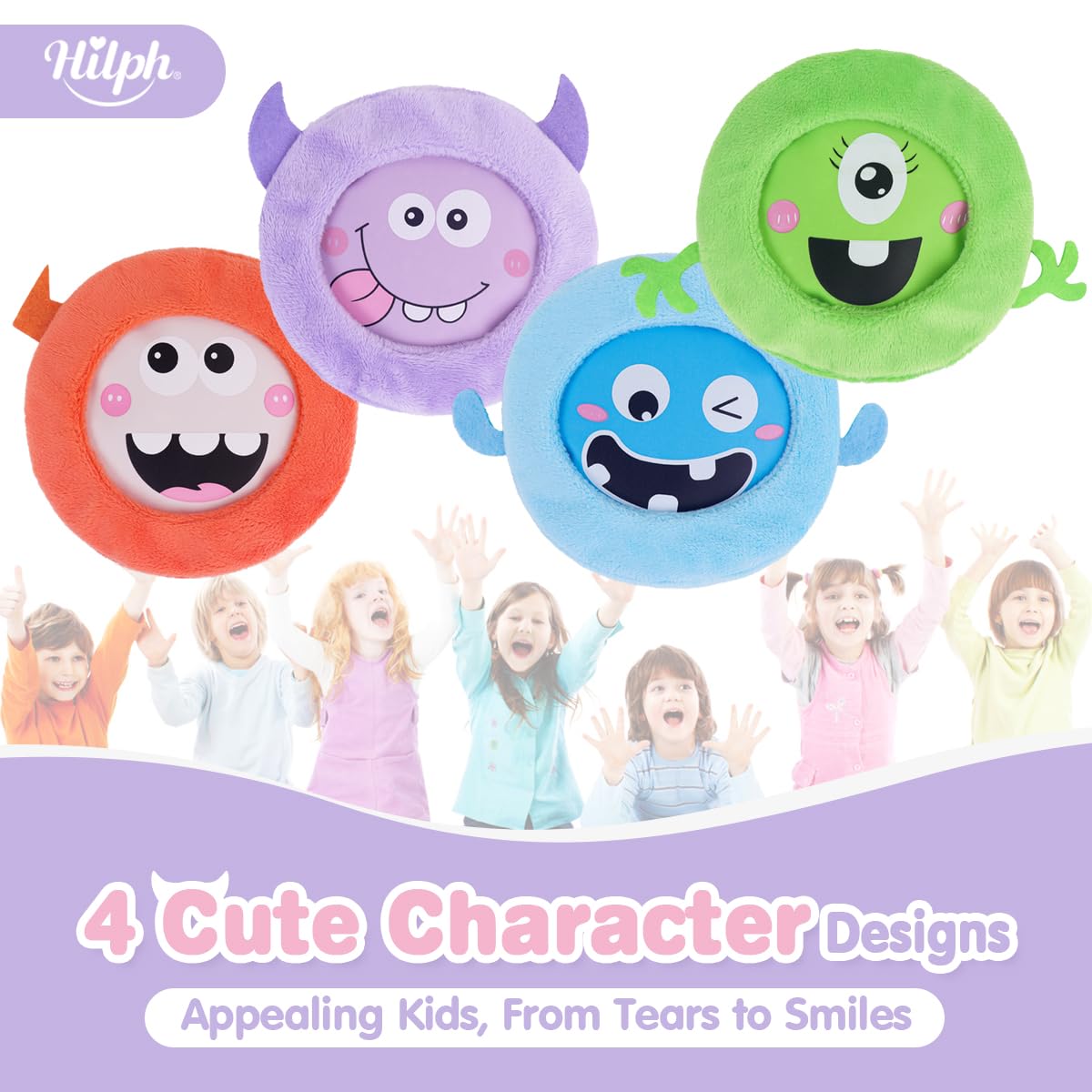 Hilph Lot de 4 compresses rafraîchissantes pour enfants avec housse en tissu doux pour enfants - Compresse froide et chaude - Gel non toxique - Petit pack de glace pour enfants - Pour la fièvre