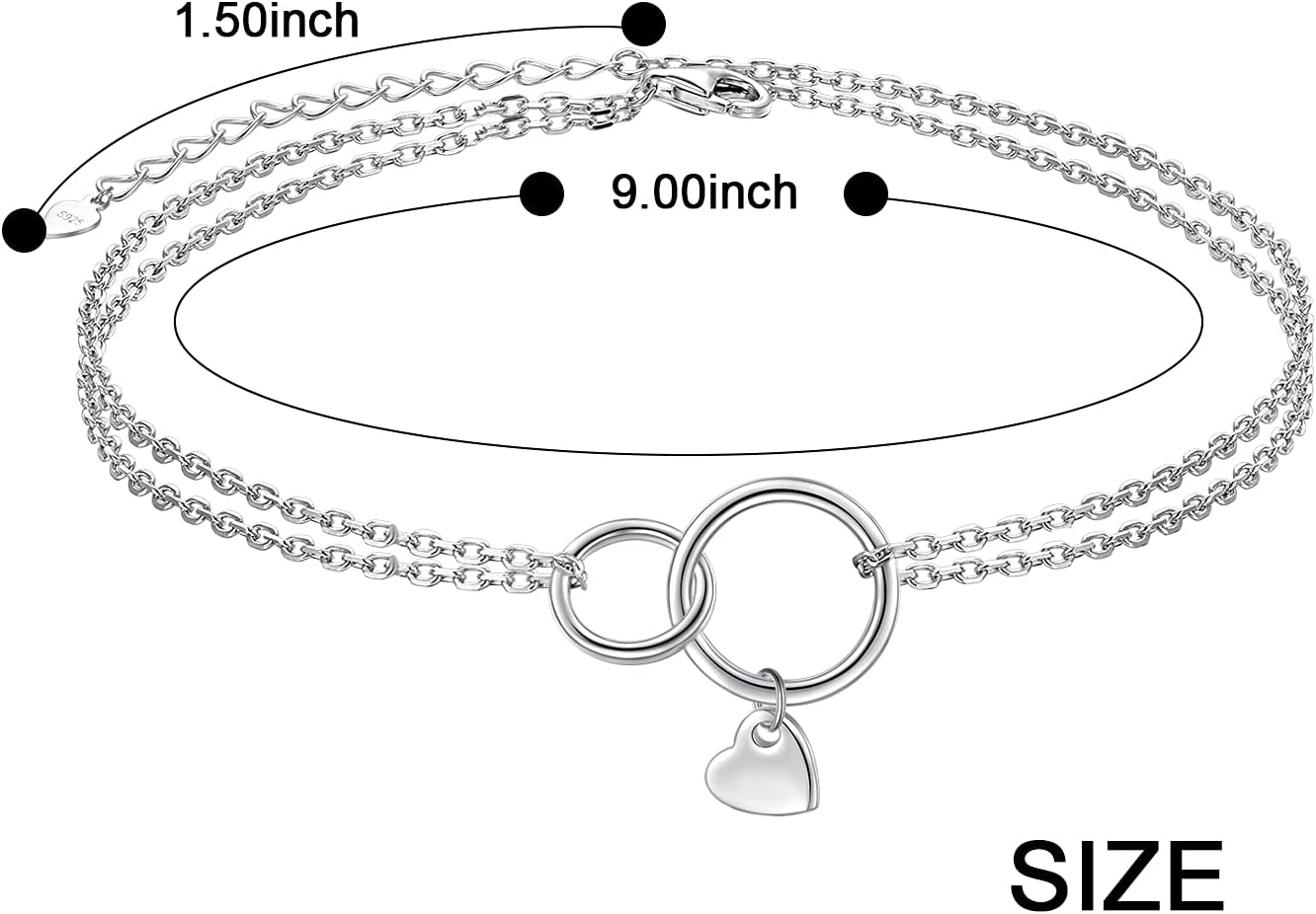 FLYOW Two circles Layered Anklet 925 Sterling Silver for Women Adjustable Heart Ankle Bracelet Boho Beach Foot Chain 9+1.5 Inch Charm Jewelry Birthday Gifts (Two Circles 9+1.5) - Image 7