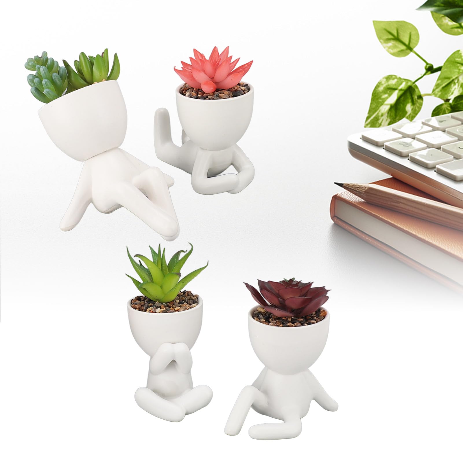 TOPINCN Set di 4 Piante Succulente Artificiali, Vasi Succulenti Finti in Ceramica con Disegni a Forma Umana per la Decorazione della Mensola del Soggiorno Dell'ufficio