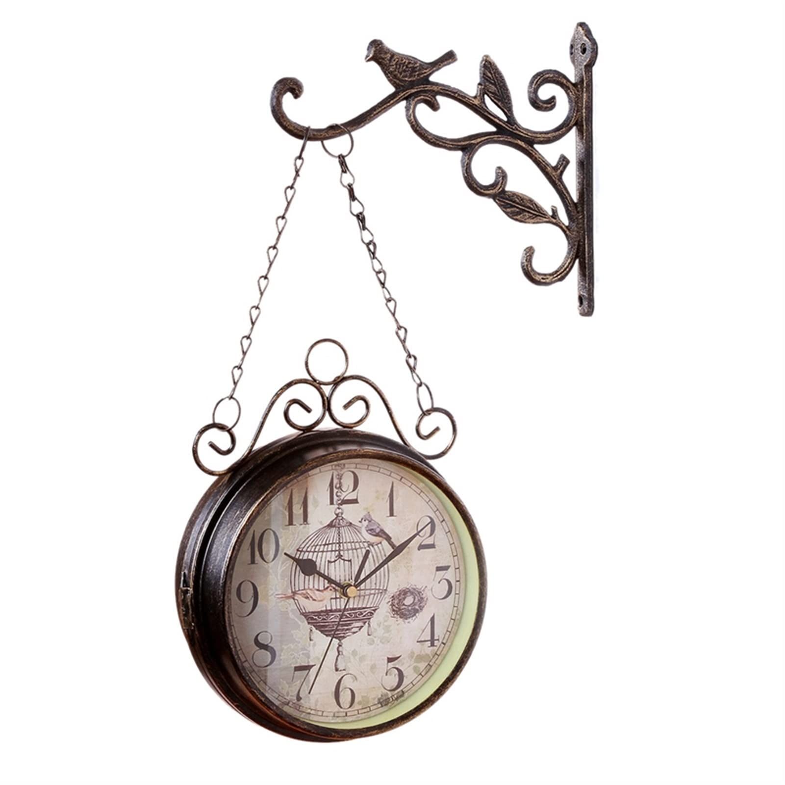MYUYEE Antique Outdoor Garden Wall Station Clock Double Sided Cockerel Vintage Retro Home Decor Easy to Hang