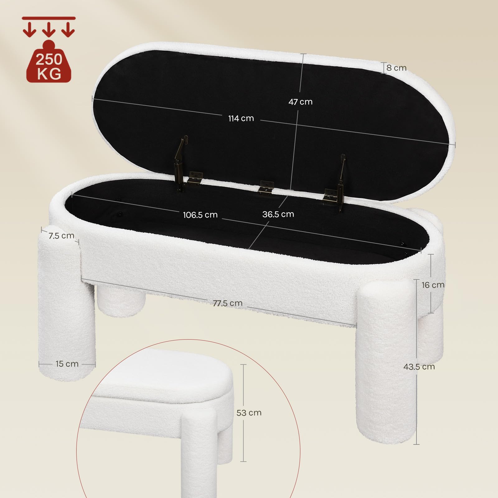 WOLTU Banc de Rangement Rembourré en Tissu Polaire Teddy, 114x47x53 cm, Banquette Lit pour Chambre Salon Couloir Entrée, Charge Maxi. 250 kg, Moderne, Blanc