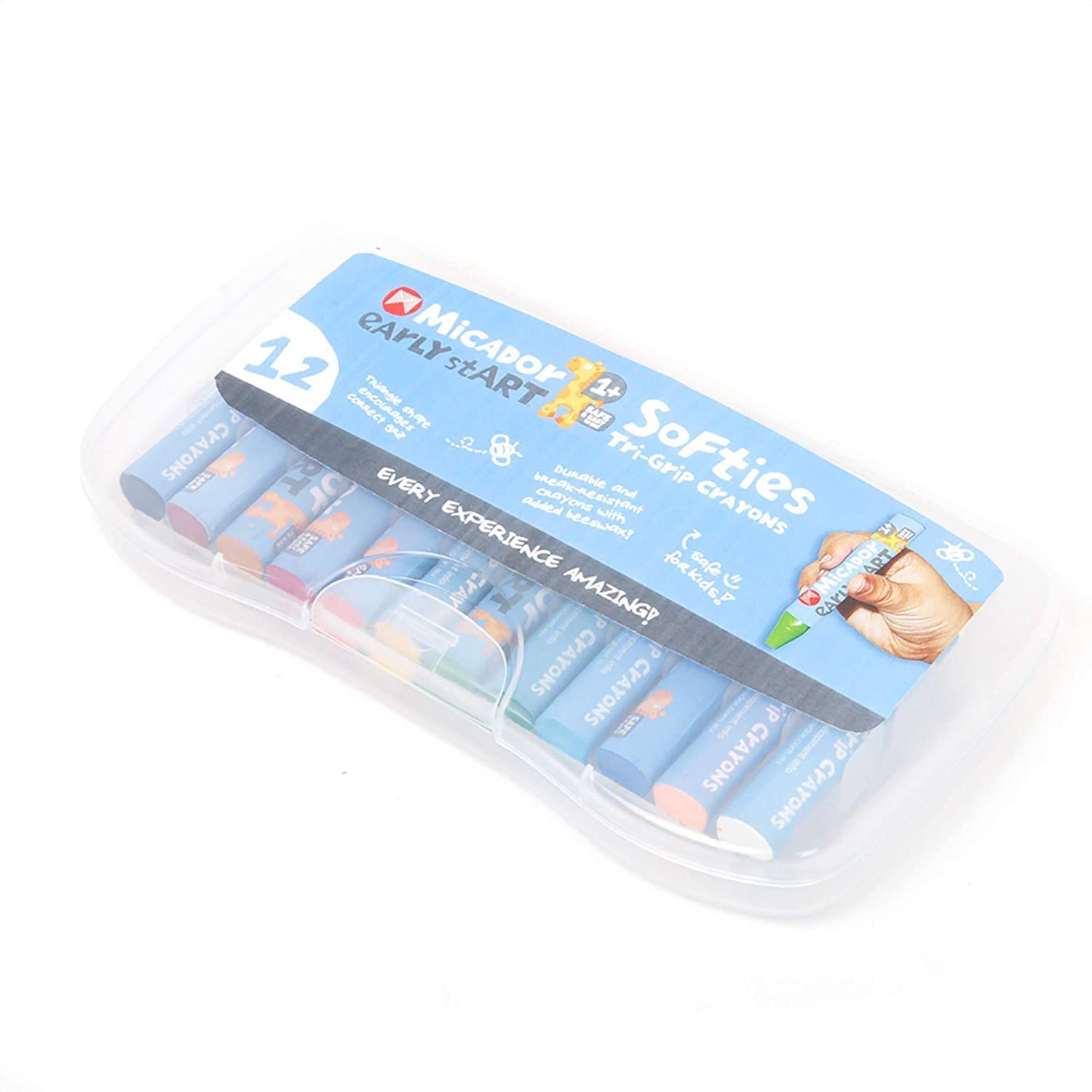 Micador early stART SoftiTri-Grip Crayons, 12-Crayons + Case - Beeswax + Non-Toxic + Washable - Ergonomic Triangle Shape, Break Resistant - Ages 2+