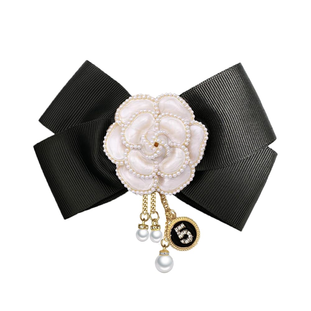 IzpackCamellia Flower Pre-Tied Big Bow Tassel Brooch Pin for Women Girls CZ Faux Pearl Lucky Number Five Chain Dangle Charm Fabric Pins Clip Lapel Bouquet Corsage Brooches Pins Elegant Jewelry Gifts for