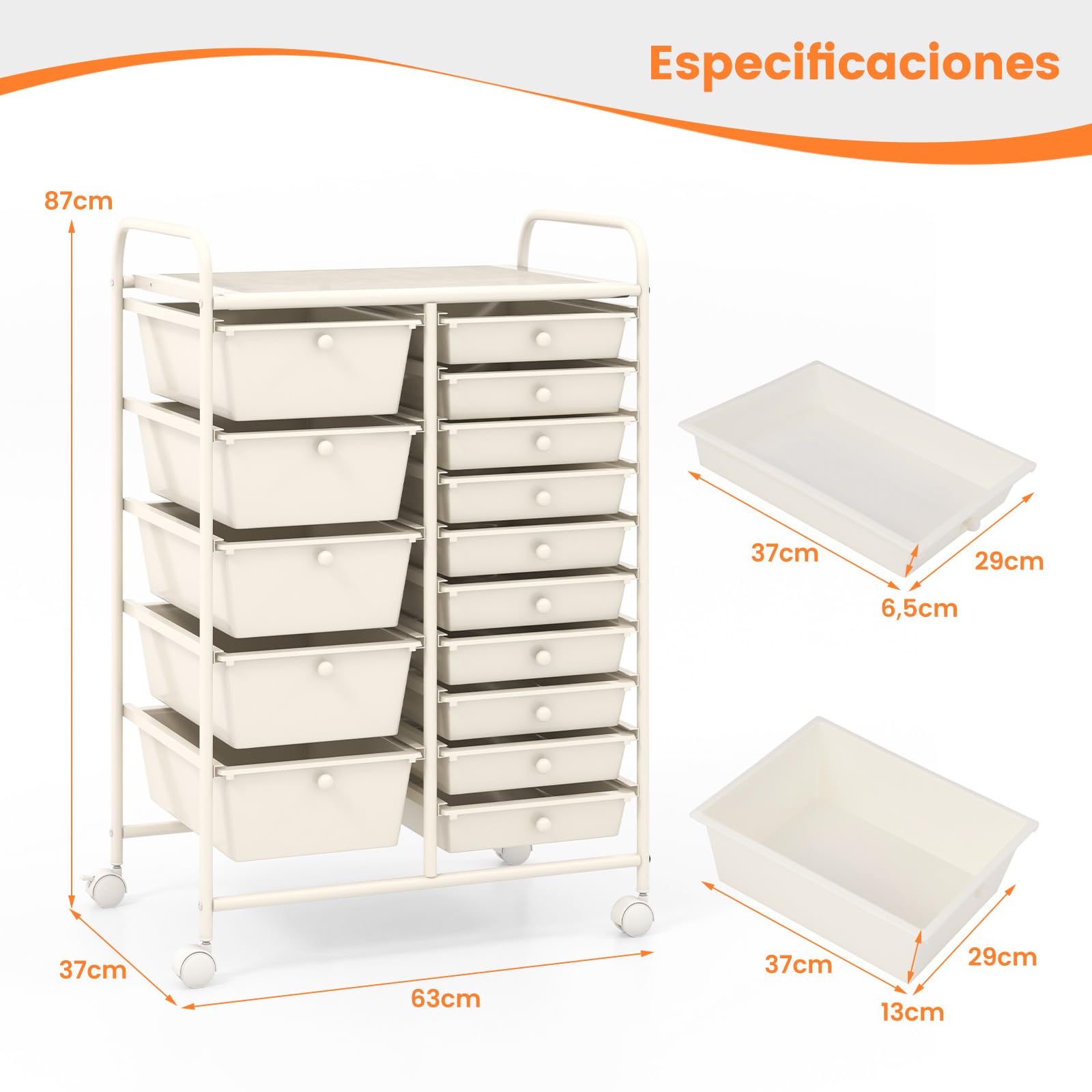 COSTWAY Carrito Auxiliar con Ruedas, Carro Almacenaje con 15 Cajones Apilables, Carrito Organizador con Ruedas Bloqueables de Metal para Cocina Oficina, Baño, 37x63x87cm (Blanco)