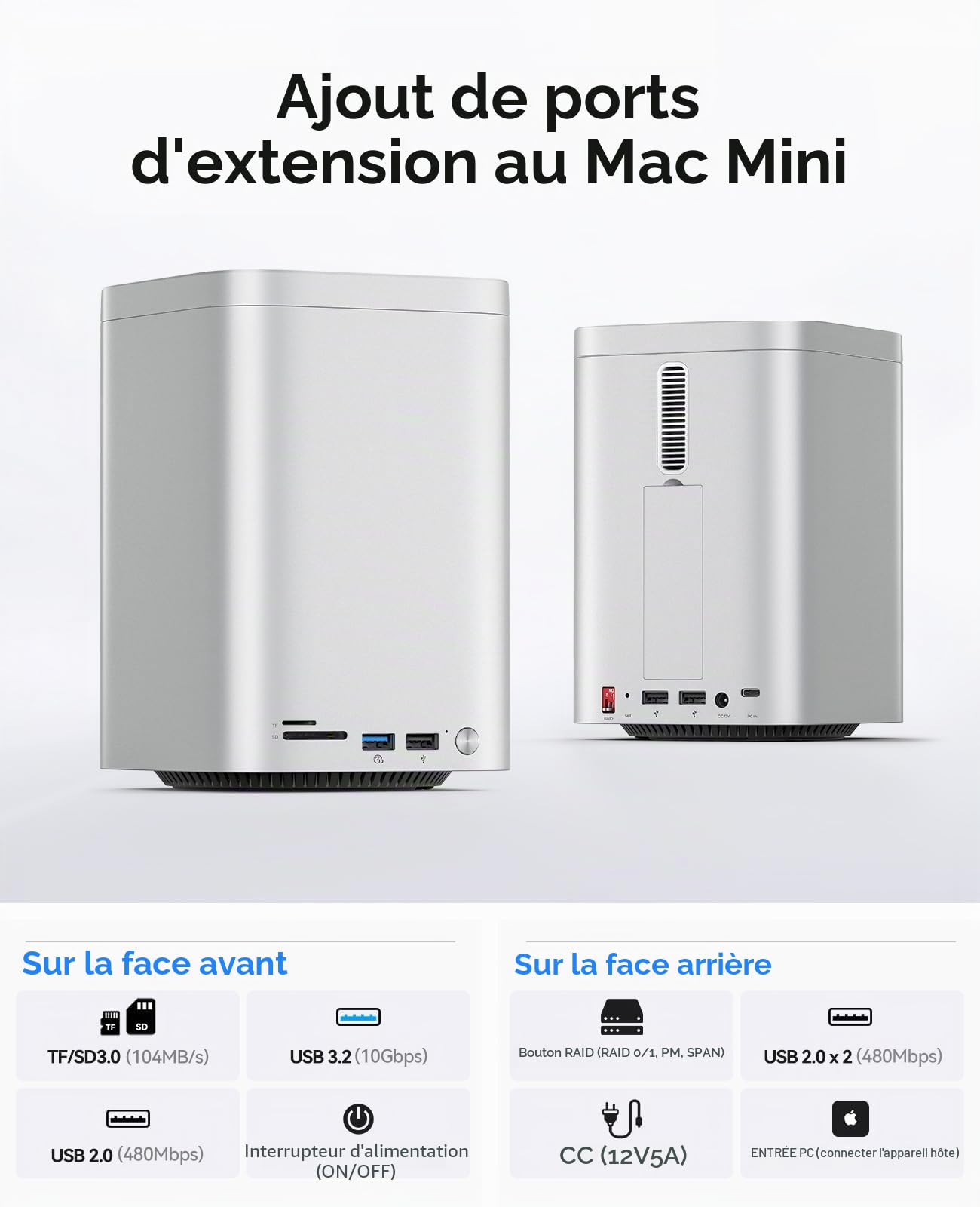 ORICO MiniTower Boîtier de disque dur RAID double baie avec station d'accueil | 2 boîtiers SSD NVMe 2,5/3,5", boîtier en aluminium, hub USB C 10 Gbit/s pour Mac mini, MacBook, Mac M435-V1