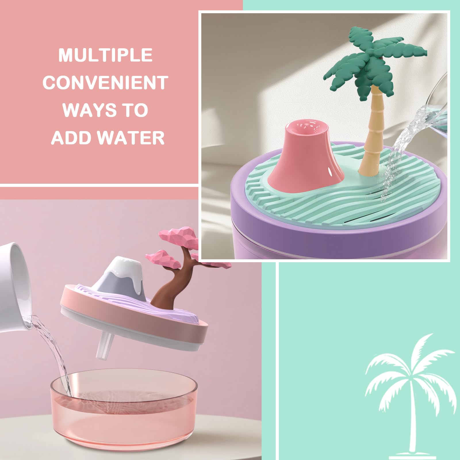 Umidificatore con luce notturna paesaggistica con 2 modalità di nebbia, serbatoio grande da 320 ml, silenzioso, per bambino/asilo/ufficio, mini idratante portatile