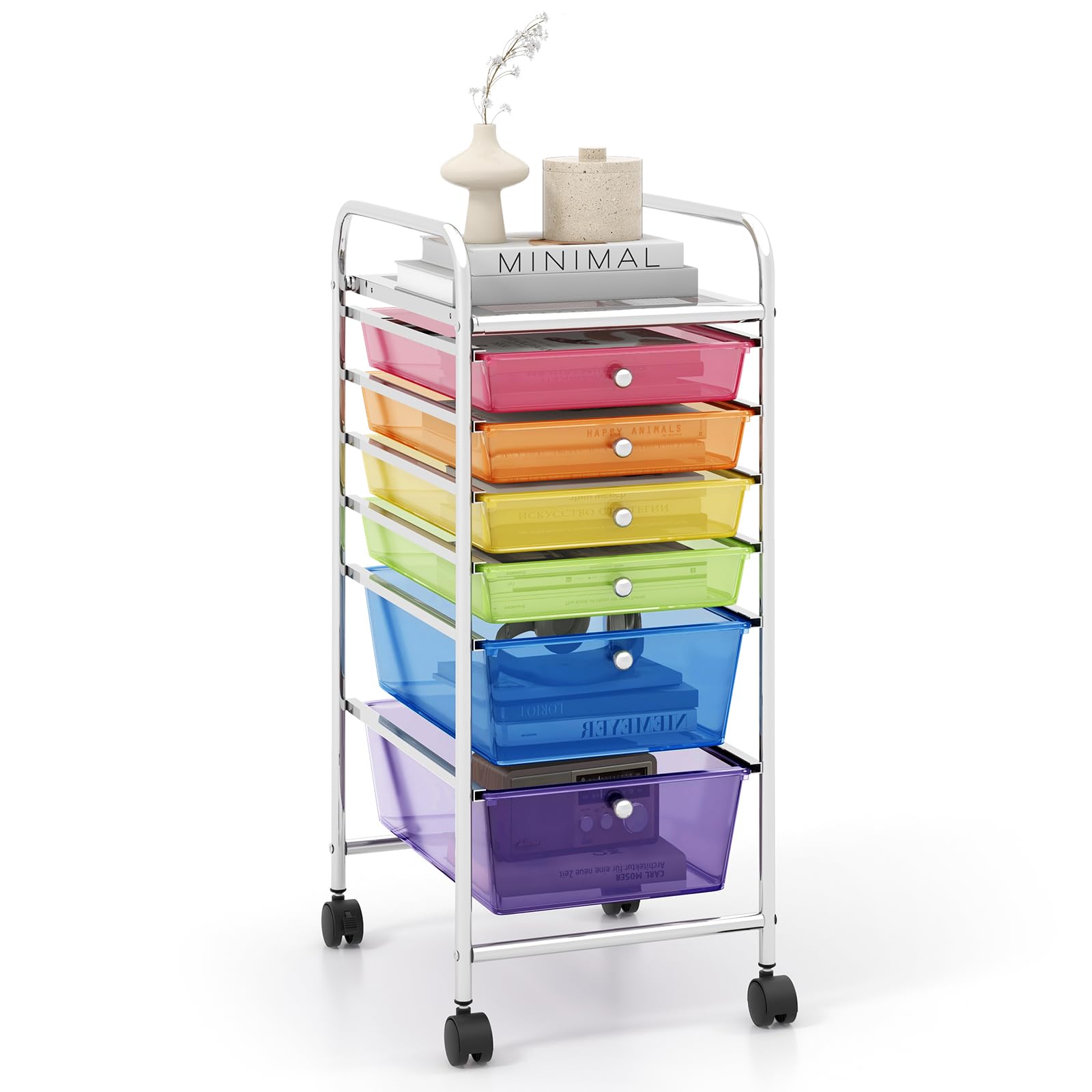 KOMFOTTEU Meuble à 6 Tiroirs à Roulettes Verrouillables, Chariot de Rangement en Plastique, Organisateur pour Bureau, Salle de Bains, Salon, Coloré Transparent