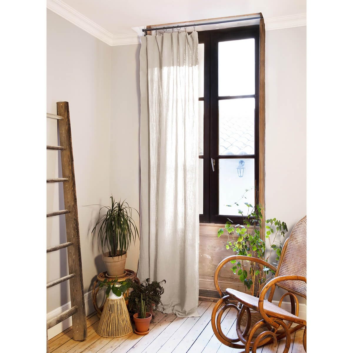 OUREA - Rideau Ajustable 140x300 cm Gaze de Coton Pampa + 8 Anneaux Pince