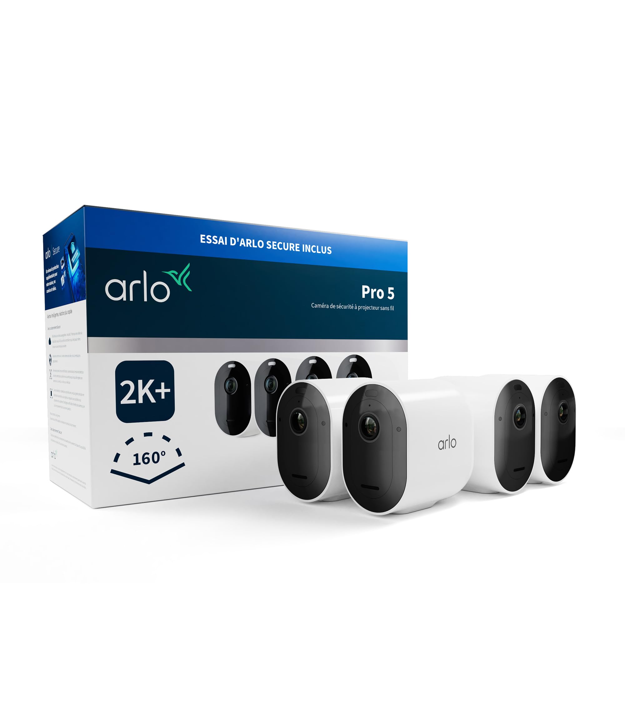 Arlo Pro 5 2K, Caméra de Surveillance WiFi Extérieure Sans Fil, Vision Nocturne Couleur Avancée, Éclairage, Sirène et WiFi Double Bande, Essai Abonnement Secure Inclus, 4 Caméras Blanc