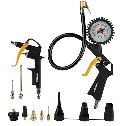 FORNAX Kit de accesorios para compresor de aire resistente, inflador de neumáticos con manómetro y pistola de soplado de aire con extensión de flujo