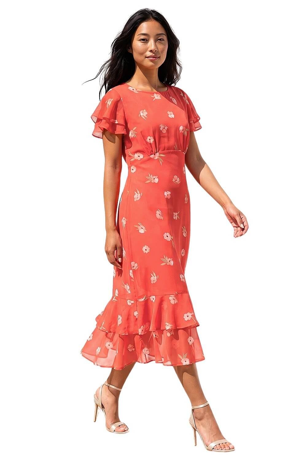 Roman Women's Coral Petite Floral Chiffon Frill Tiered Midi Dress In Size 18