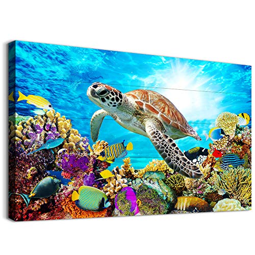 Family Canvas Wall Art - Sea Turtles & Blue Ocean - 16x24 Inch - For Bedroom, Living Room, Kitchen & Office