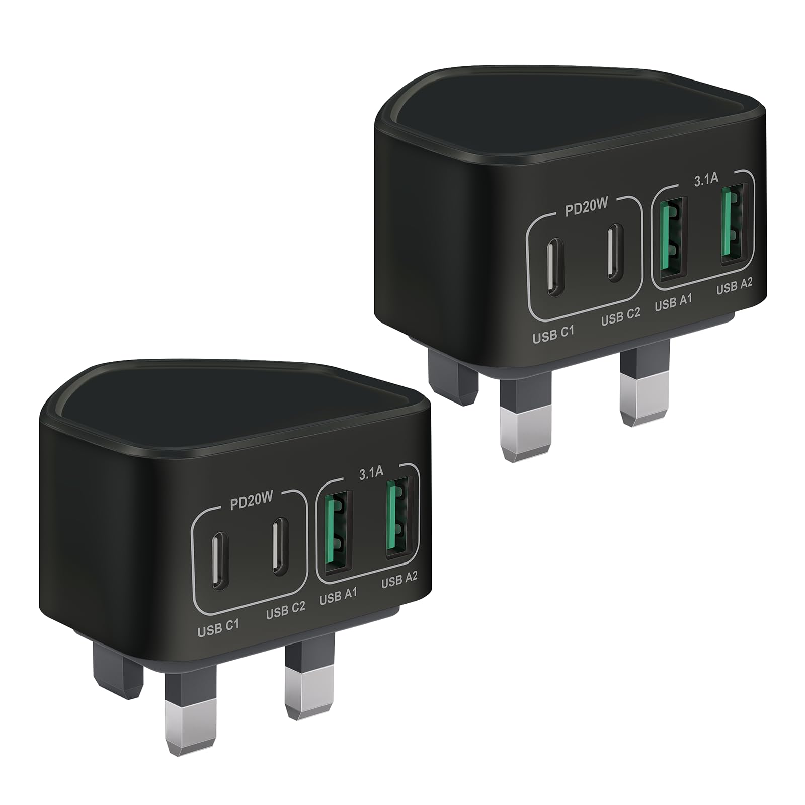 2-Pack 40W USB C Plug Fast Charge, 4-Port Multi Charger Plug UK Charing Plug Dual Port Type C PD Power Adapter USB Plug Multiple Wall Plug for iPhone 16 15 14 13 12 11 Pro Plus Max XR, iPad,Samsung