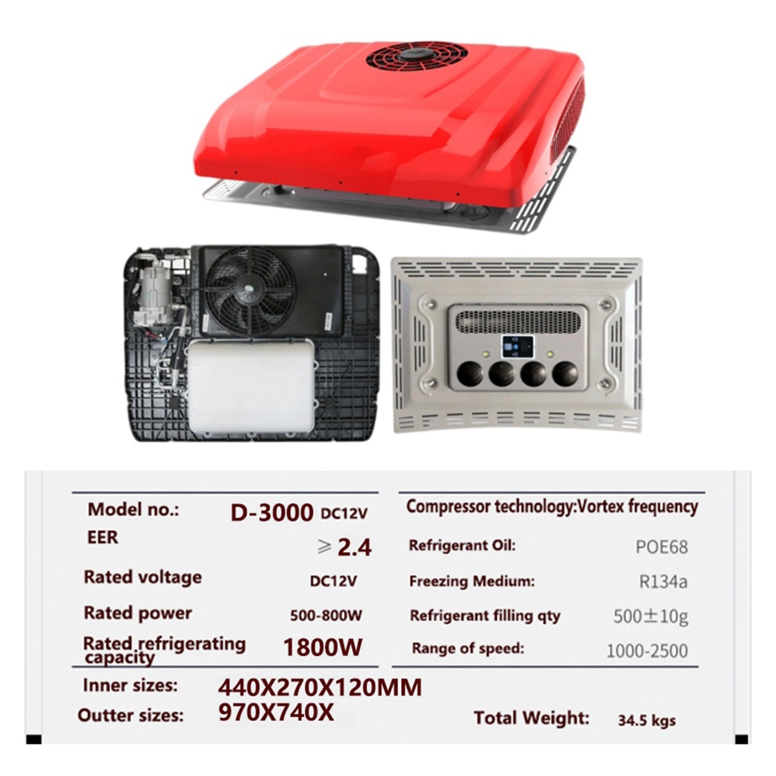 JVDDI RV Air Conditioner, Dc 12V24V Power Supply Heavy Truck Turbo Inverter Compressor Electric Car RV Bus Parking Air Conditioner 12v 2kw Cooler(Red DC12V)