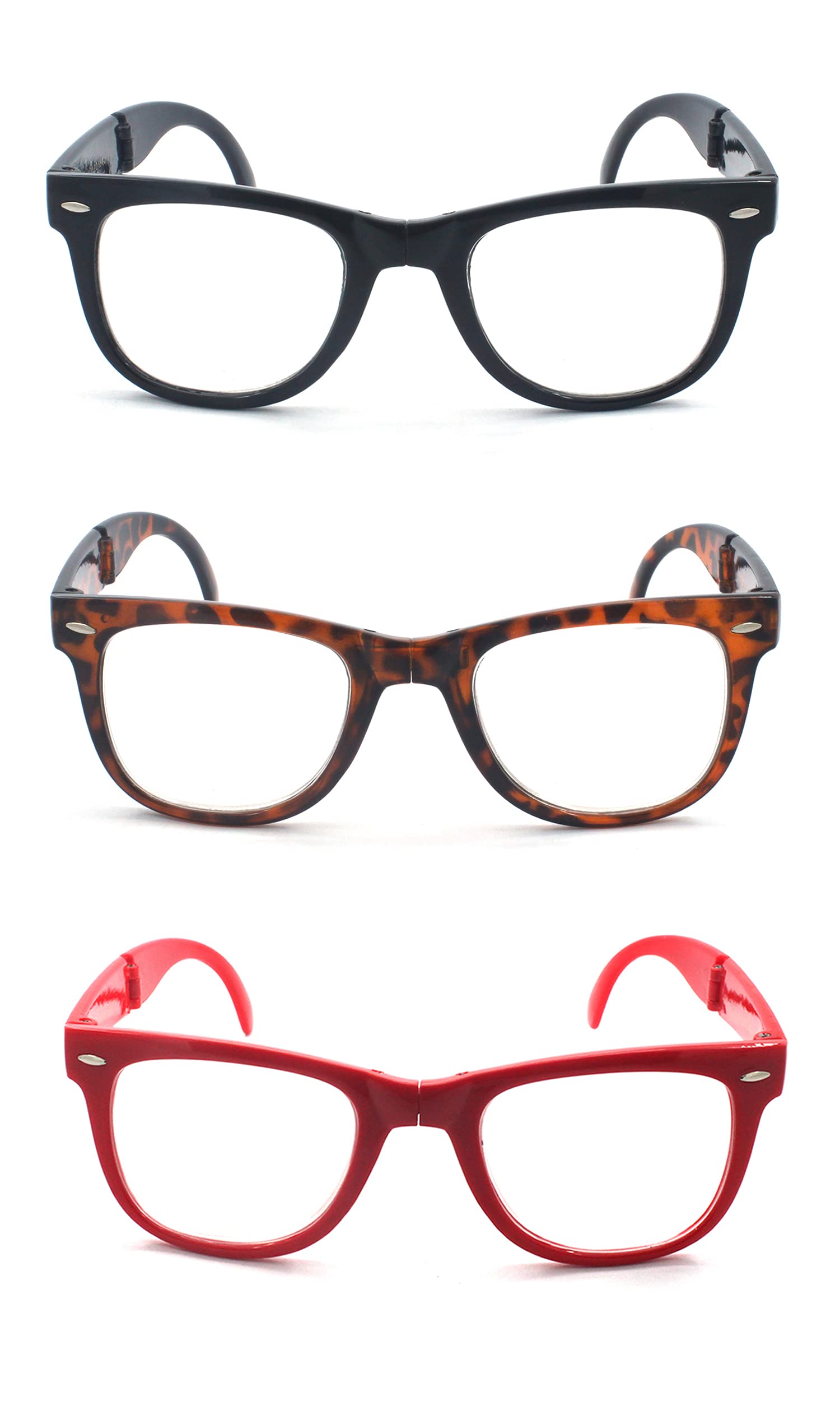 EYE ZOOM 3 Pack Unisex Retro Plastic Folding reading glasses with Pouch (Multi-color, +1.50)