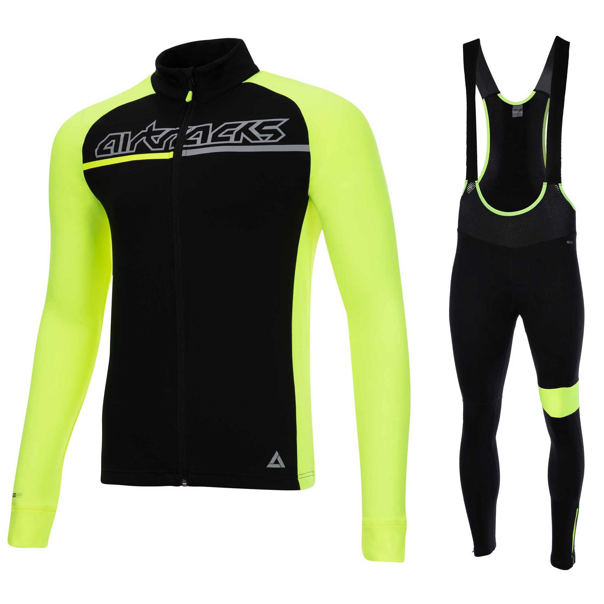 Airtracks Herren Winter Fahrradtrikot Set Pro Team II - Thermo Trägerhose Pro Team II - Thermo Fahrradtrikot Pro Team - optimal für Herbst - Winter