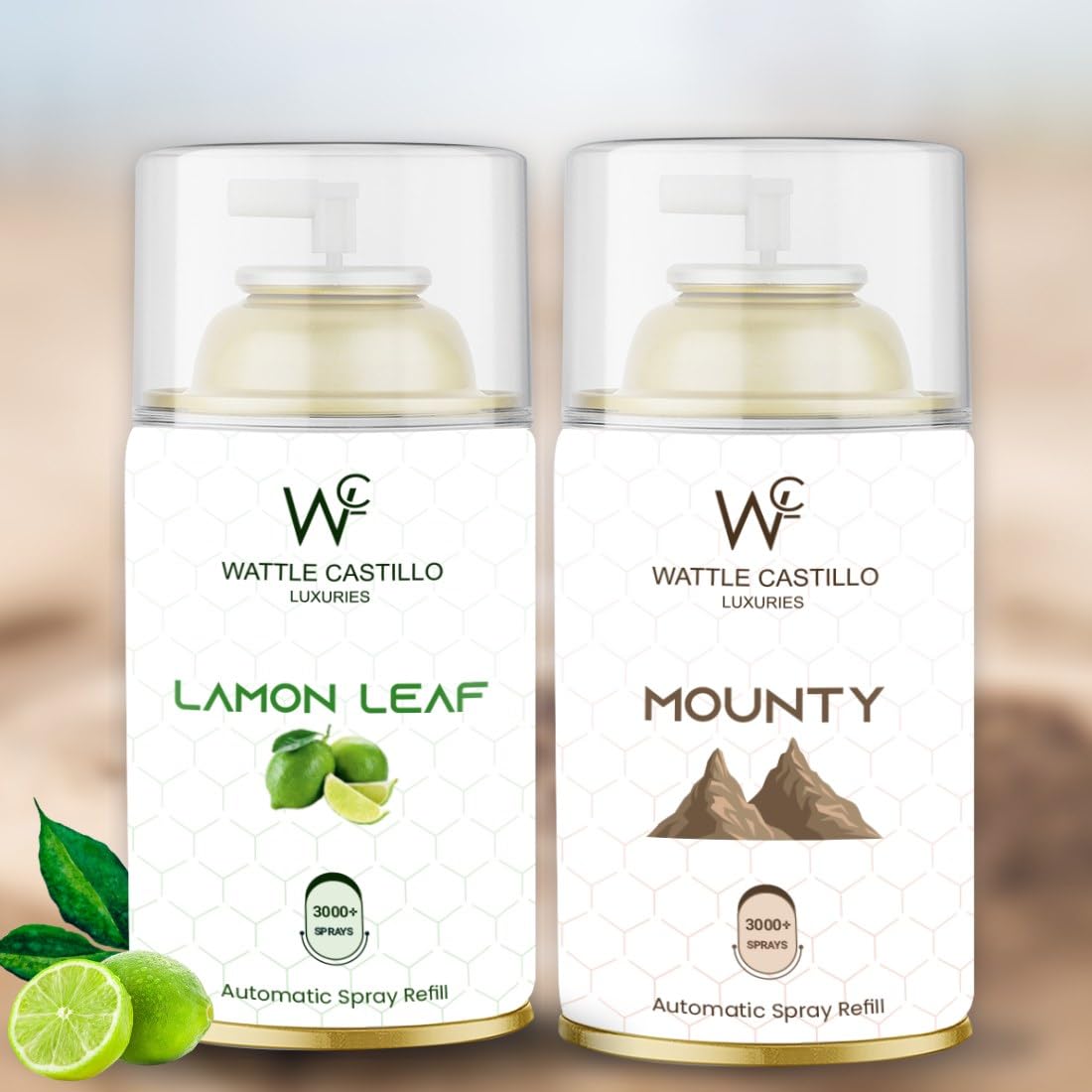Automatic Dispenser Refill - Automatic Room Fresheners | Lemon leaf and Mounty |3000+ Sprays Guaranteed | Lasts up to 90 days (265ml+265ml) (Mounty+Lemon)