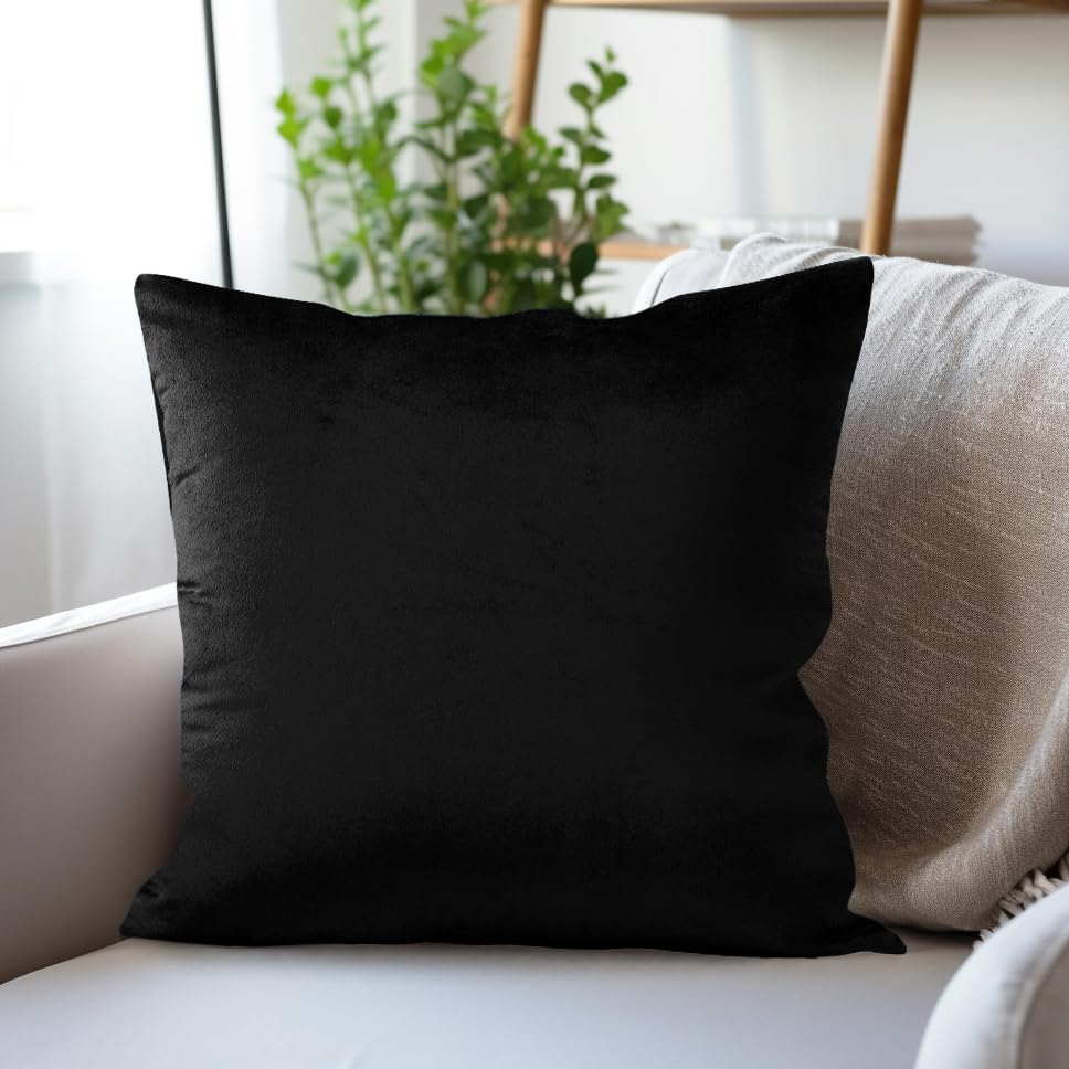 Image of Encasa XO Velvet Throw Pillow Covers 24x24 in (60x60 cm) - Black - No Inserts, Pack of 1 Cases | Solid Plain Dyed Soft & Smooth, Square Decorative Cushion Covers for Living & Bedroom