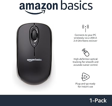 Amazon Basics 2.4 GHz Wireless Optical Computer Mouse with USB Nano Receiver, Portable, No Wires, Smooth Tracking, Multi-Device Compatibility, Black