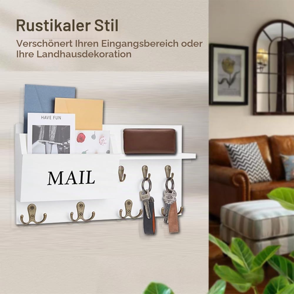 Briefhalter Schlüsselbrett, Schlüsselbretter Wandhalterung mit Ablage, Schlüsselbrett Holz mit 7 Schlüsselhaken Schlüsselhaken für Verbindungsgang Flur, Weiß