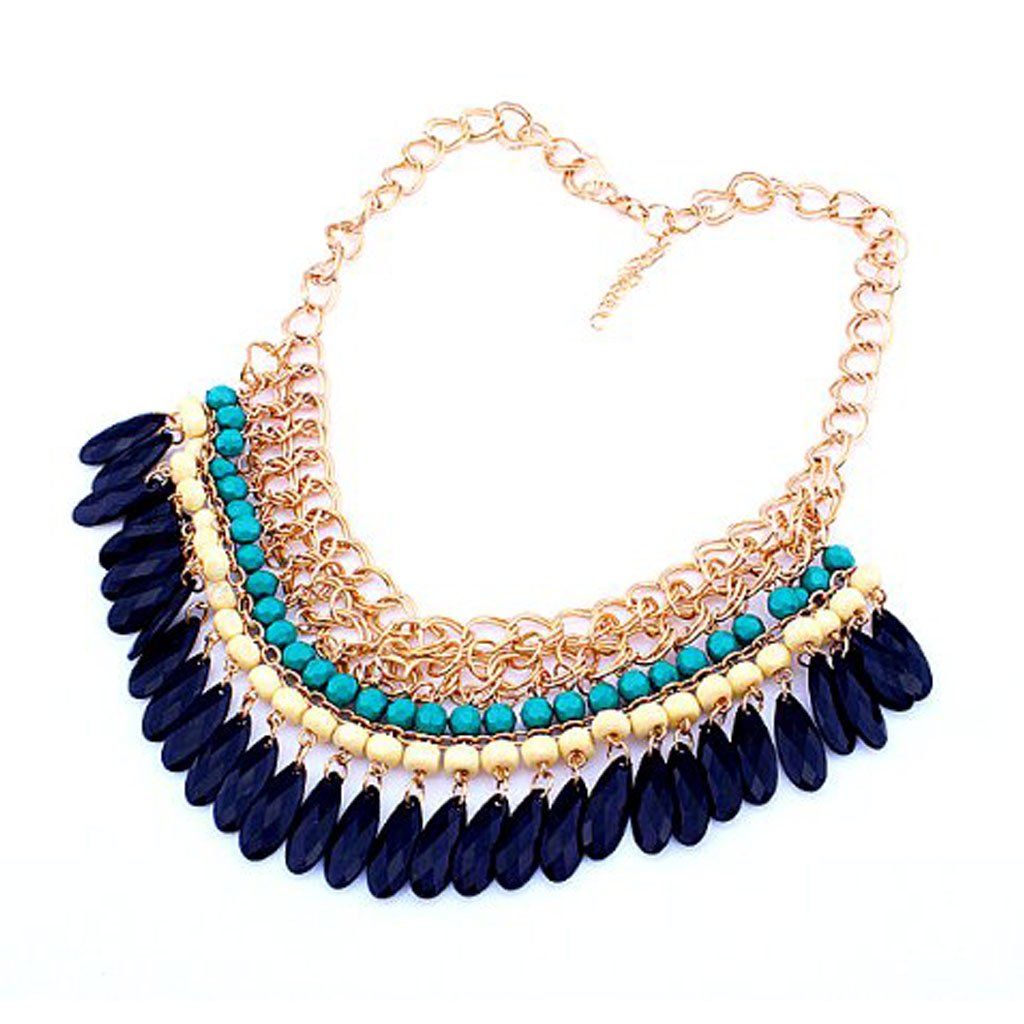 SaveGoodBuy Bohemian Layered Round Bead Dangling Drops Statement Necklace