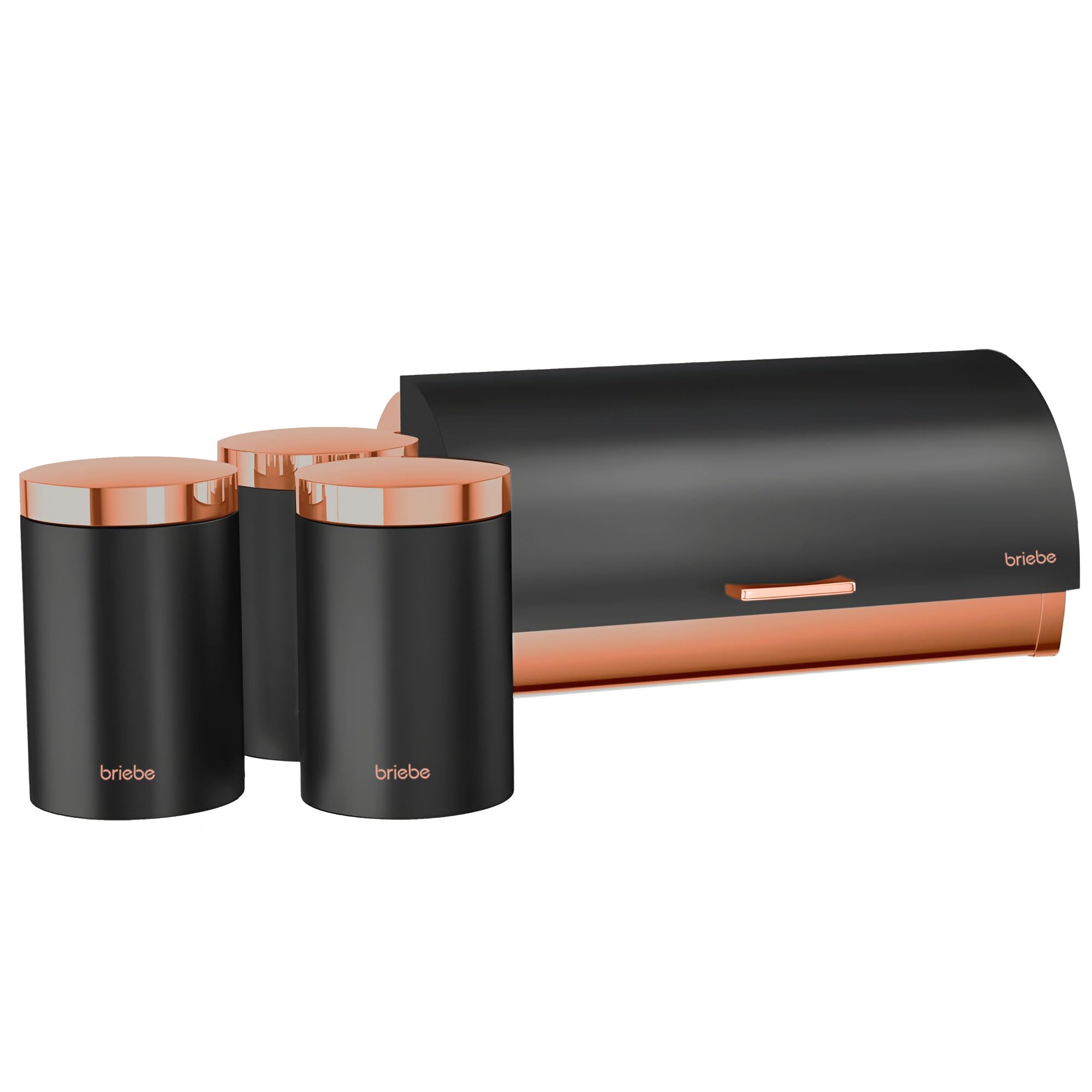 briebe Set of Bread Bin + 3 Kitchen Storage Canisters, Stainless Steel, Bread and Bun Containers, Sliding Lid, Modern Design, Bread Box, Matte Black/Rose Gold