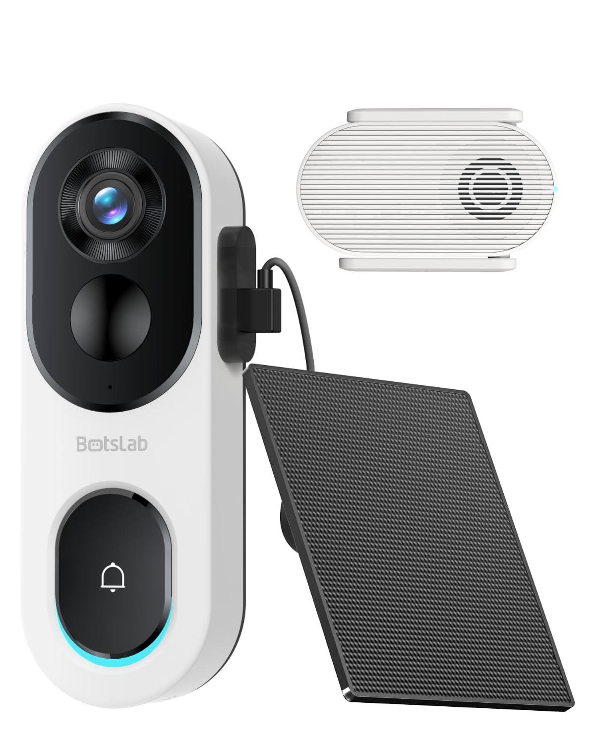 BOTSLAB Sonnette sans Fil Extérieure Étanche 2K avec Panneau Solaire, Sonnette Vidéo Alimentation Continue Vue Tête-Pieds 1:1, Audio Bidirectionnel, Détection Humaine, WiFi 2,4 GHz