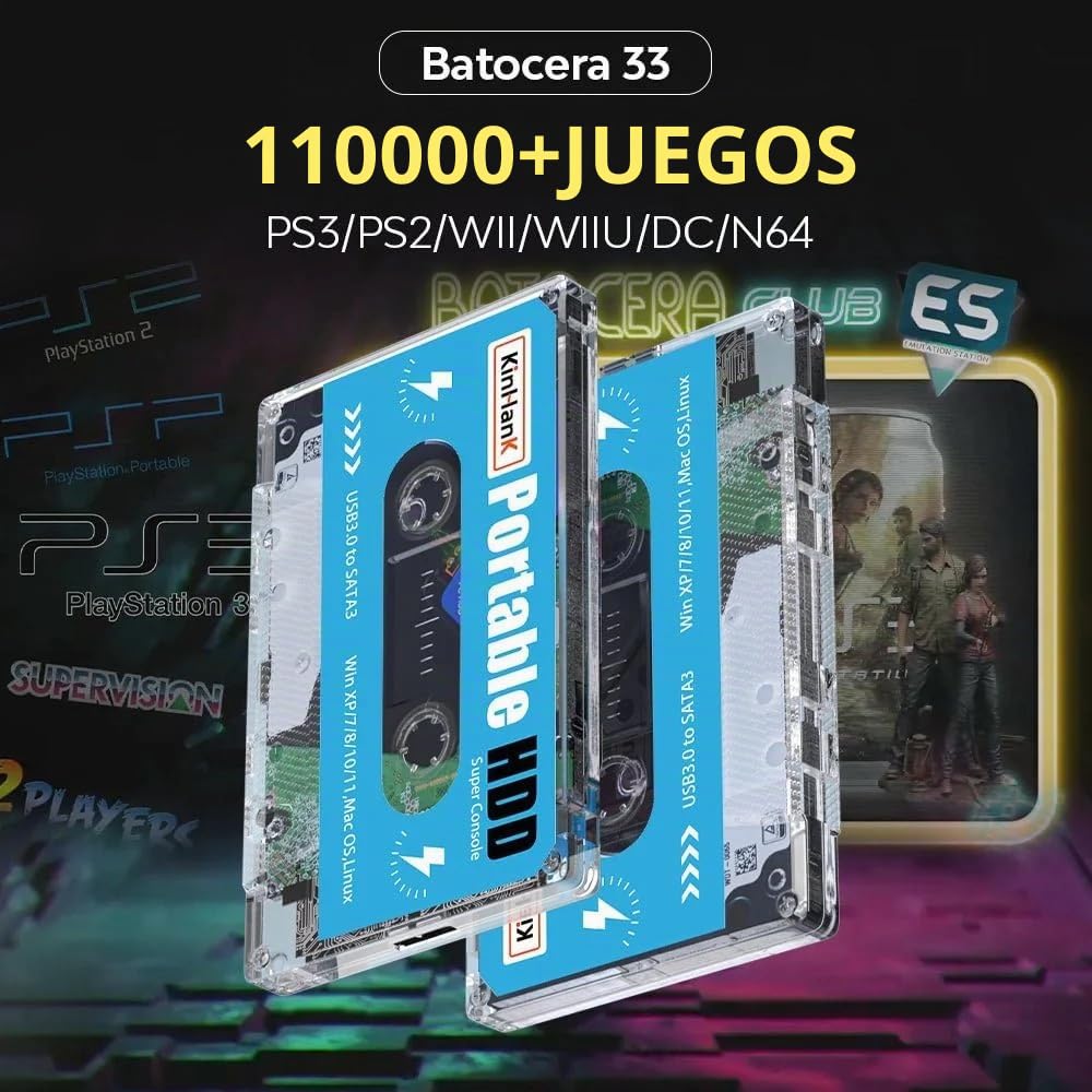 Kinhank - Disco Duro Externo portátil 500 GB HDD Integrado con +111.000 Juegos, Sistema Batocera 33 con más de 80 emuladores clásicos y AAA, soporta Windows y MacOS - SVP Game (500 GB + 2 Mandos BT)