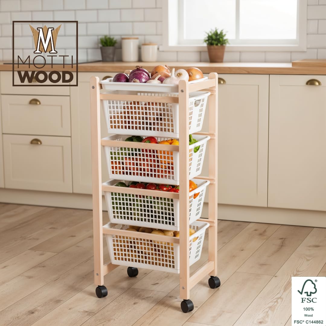 Carrito de cocina con 4 cestas, de madera de haya natural, 36,2 x 30 x 82,3 cm, montado, fabricado en Italia (natural)